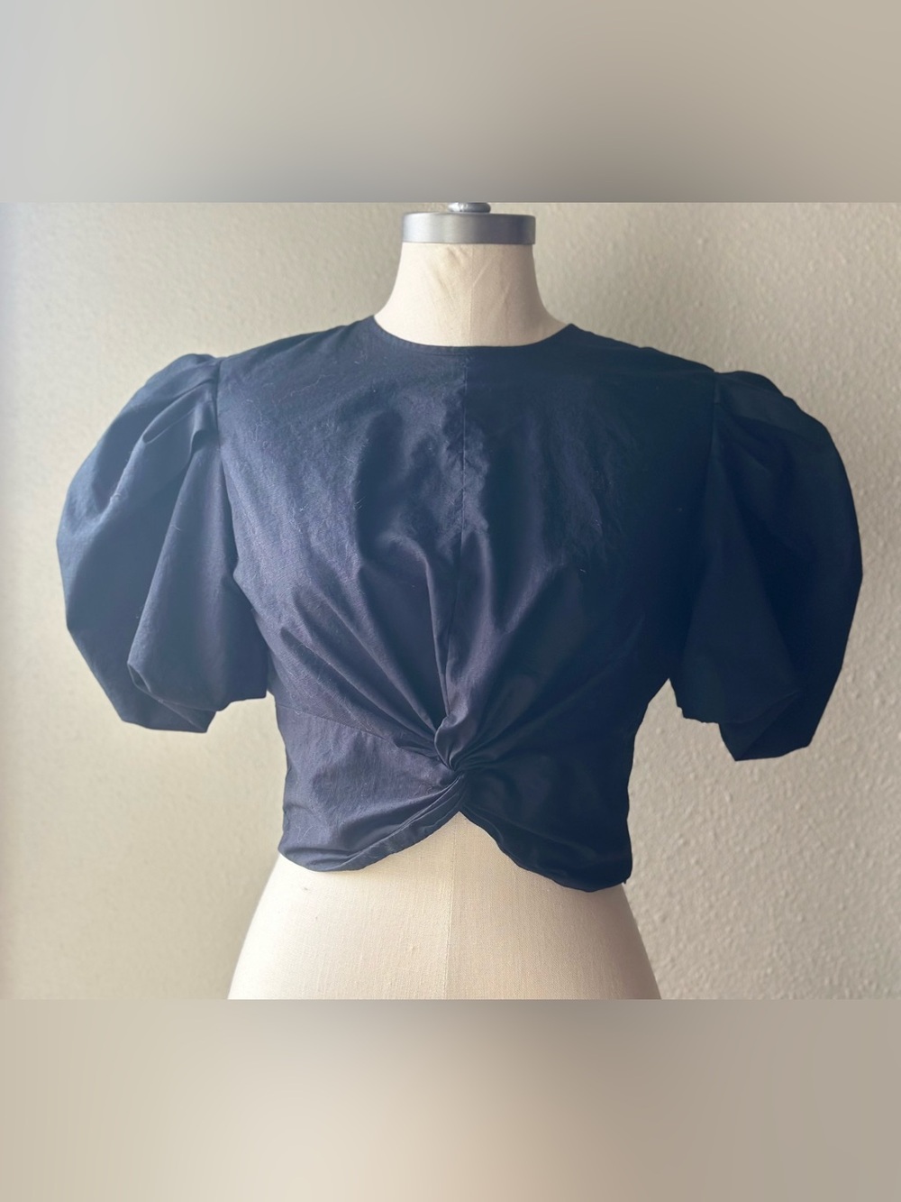 Vince Black Twist-Knot Puff-Sleeve Crop Blouse Top XS